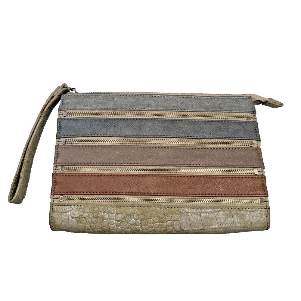 Sondra Roberts Squared Patchwork Leather Snakeskin Clutch 11x7 Faux Zipper GUC